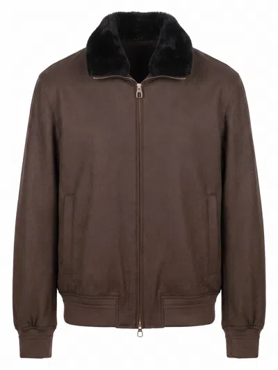 Montecore Faux-fur Collar Bomber Jacket In Brown