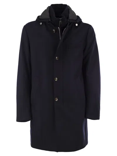 Montecore Stretch Virgin Wool Coat With Hood And Detachable Inner Bib In Blue