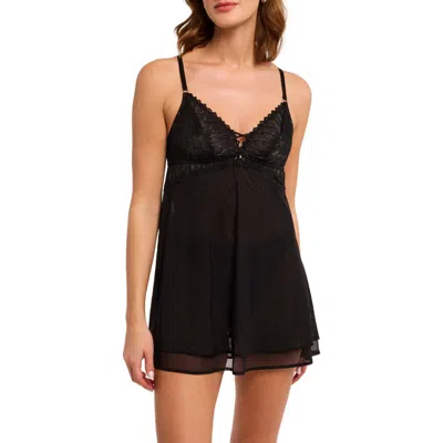 Montelle Intimates Lacy Babydoll Chemise & Thong Set In Black