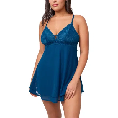 Montelle Intimates Lacy Babydoll Chemise & Thong Set In Blue