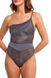 Montelle Intimates Nights Out Metallic Eyelash Lace Brazilian Bodysuit In Gray
