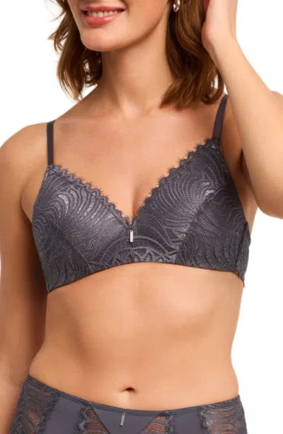 Montelle Intimates Nights Out Metallic Eyelash Lace Trim Wireless Bra In Gray