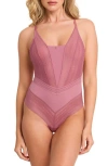 Montelle Intimates Rosaline Geometric Lace Bodysuit In Rose