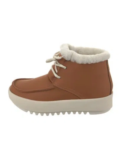 Pre-owned Montelliana Leather Faux Fur Trim Lace-up Boots In Brown