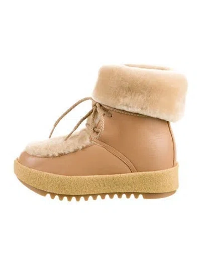 Pre-owned Montelliana Leather Faux Fur Trim Lace-up Boots In Neutral