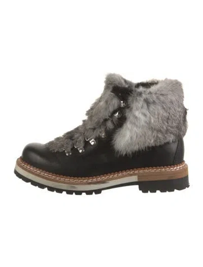 Pre-owned Montelliana Leather Fur Trim Hiking Boots In Black