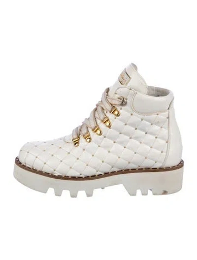 Pre-owned Montelliana Leather Studded Accents Hiking Boots In White