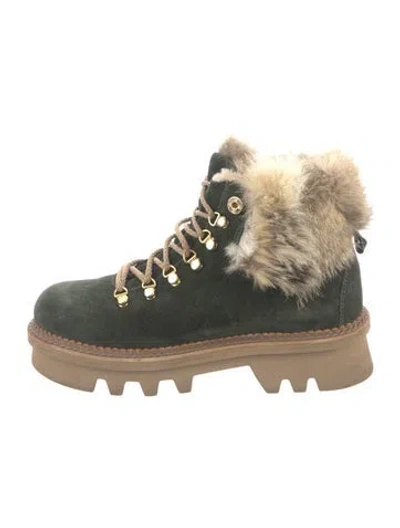 Pre-owned Montelliana Suede Faux Fur Trim Hiking Boots In Green