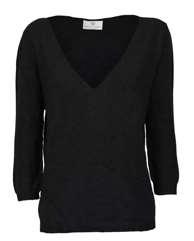 Monticelli Cashmere Women's Cashmere 3/4 Sleeve Wide V-neck Jumper Sweater In Black