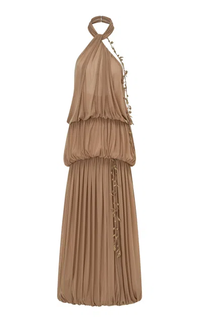 Montsand Pleated Beaded Maxi Dress In Brown