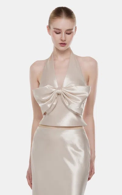 Montsand Satin Halter Ribbon Top In Neutral