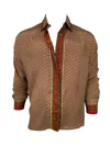 Monzlapur New York Men's Gold / Brown / Red Embossed Oriental Motif Long Sleeve Shirt - Burnt Sienna In Gold/brown/red