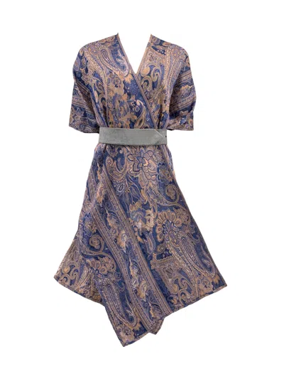 Monzlapur New York Women's Borcade Cape Kimono With Velvet Belt In Blue