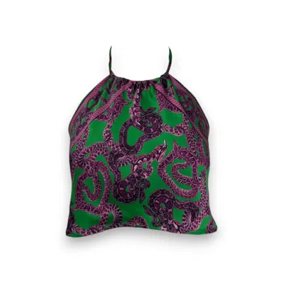 Monzlapur New York Women's Green / Pink / Purple Snake Halter Silk Top - Magenta X Jade