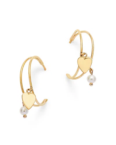 Moon & Meadow 14k Yellow Gold Freshwater Pearl & Polished Heart Dangle Hoop Earrings