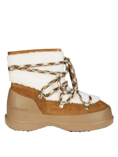 Moon Boot Ankle-high Shearling And Suede Boots With Bicolor Laces In Brown