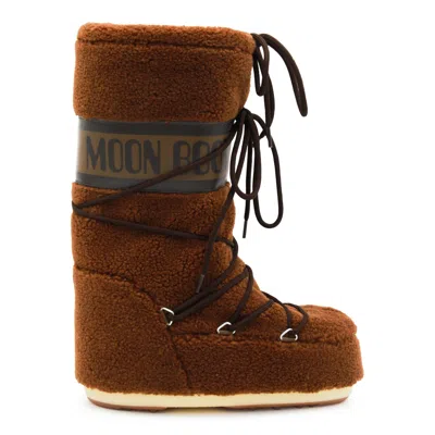 Moon Boot Icon Faux Leather-trimmed Fleece Snow Boots In Brown