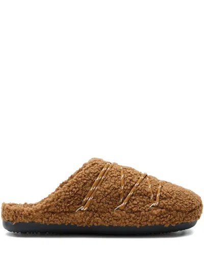 Moon Boot Brown Laceless Slippers In Teddy Texture With Lace Detail