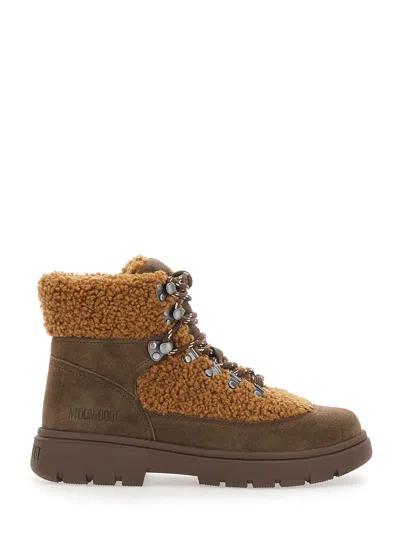 Moon Boot Combat Boot Fleece-trim Suede Ankle Boots With Lace-up Closure In Brown