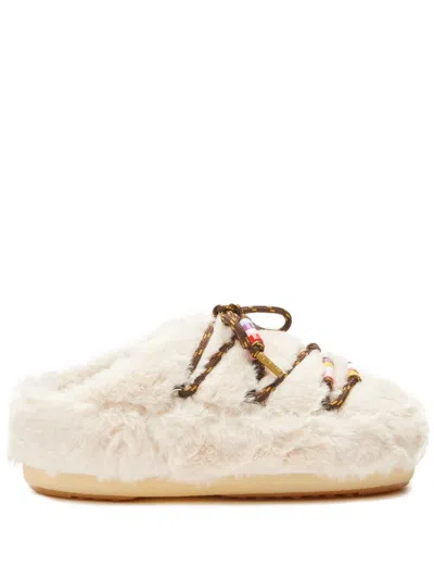 Moon Boot Women's Beaded Faux Fur Slippers In Beige