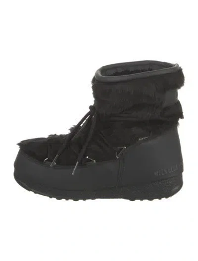 Pre-owned Moon Boot Faux Fur Leather Trim Embellishment Lace-up Boots In Black