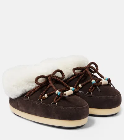 Moon Boot Faux Fur-trimmed Suede Mules In Brown