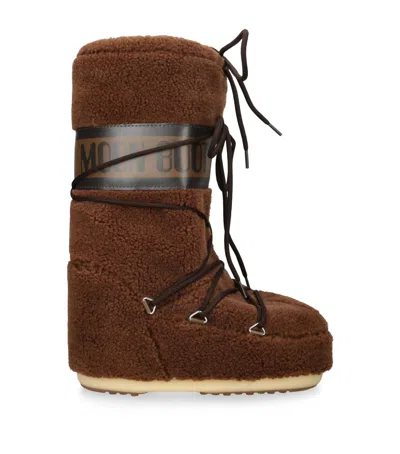 Moon Boot Icon Faux Leather-trimmed Fleece Snow Boots In Brown