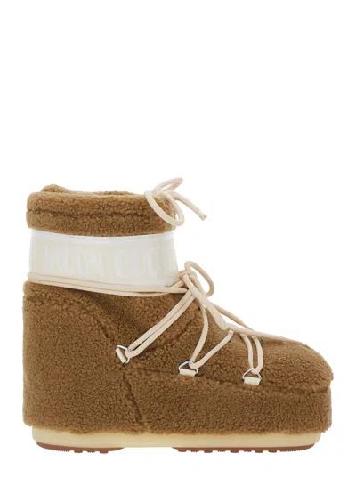 Moon Boot Fleece Snow Ankle Boots With Maxi Logo Side Print And Front Tie Closure In Beige