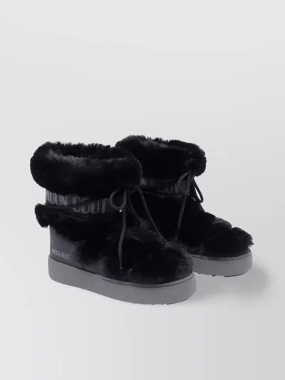 Moon Boot Fur Trim Round Toe Booties In Black