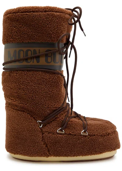 Moon Boot Icon Faux Leather-trimmed Fleece Snow Boots In Brown