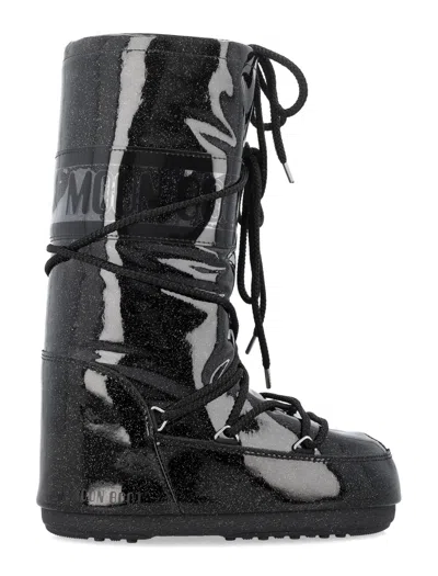 Moon Boot Icon High Glitter Boots In Black