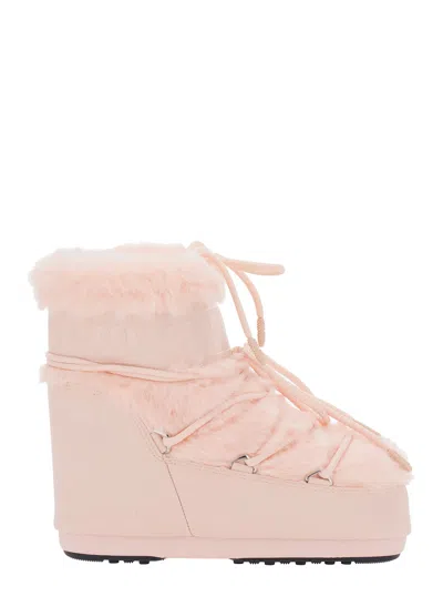 Moon Boot Icon Low Faux Fur Mini Ankle Boots With Rubber Sole In Pink