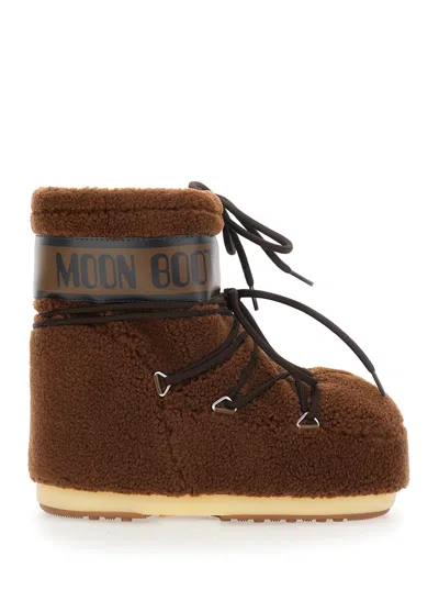 Moon Boot Icon Low Fleece Snow Boots With Maxi Logo Print On The Side And Bow Closure For Women In Brown