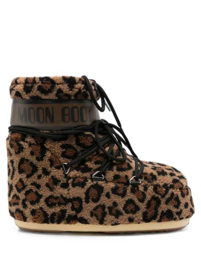 Moon Boot Icon Low In Leopard-print Teddy In Brown