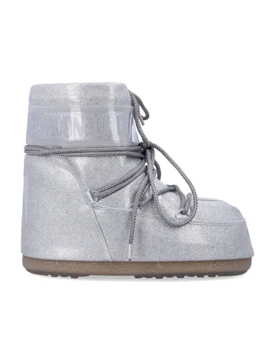 Moon Boot Icon Low Shimmer Glitter Mini-inspired Water-repellent Boots With Suction Tread In Argento