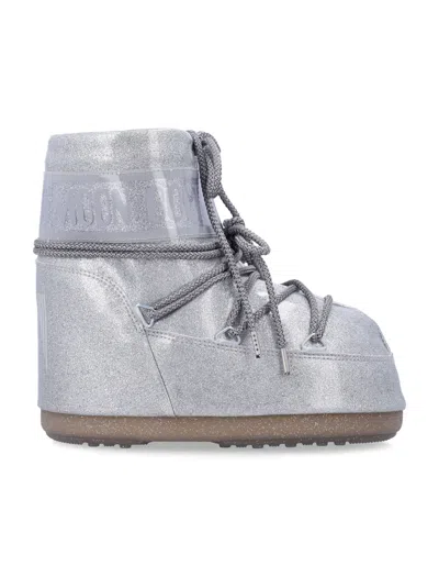 Moon Boot Icon Low Shimmer Glitter Mini-inspired Water-repellent Boots With Suction Tread In Argento
