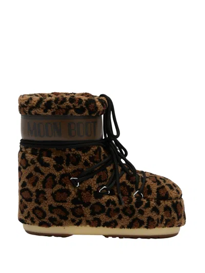 Moon Boot "icon Moonboot" Low Fleece Leopard Boot In Brown