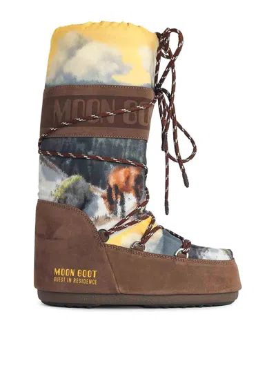 Moon Boot Icon Postcard Brown Nylon And Suede Boots In Multi