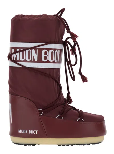 Moon Boot Icon Tech Fabric Snow Boots With Maxi Logo Side Print In Bordeaux