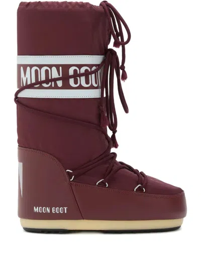 Moon Boot Logo-band Lace-up Boots In Burgundy