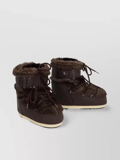 Moon Boot Low Round Toe Faux Fur Trim Boots In Brown