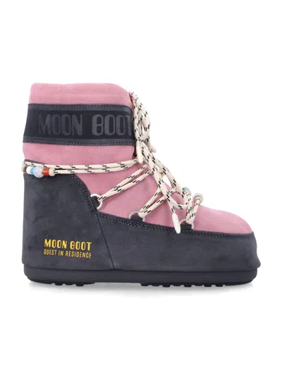 Moon Boot Low Suede Boots With Artisanal Touch In Grey Rose