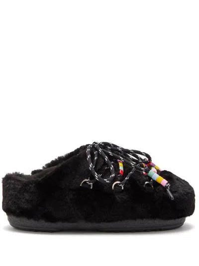 Moon Boot Beaded Fur Slippers Flat Sole Round Toe In Schwarz