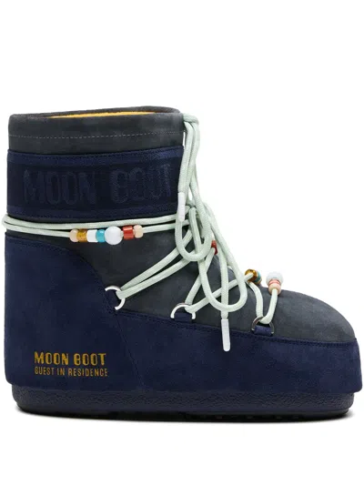 Moon Boot Mini Suede Boots With Adjustable Drawstring In Blue