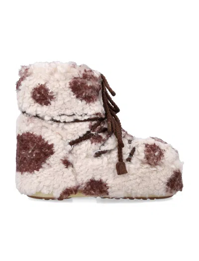 Moon Boot Icon Low Curly Brown Cow Print In White
