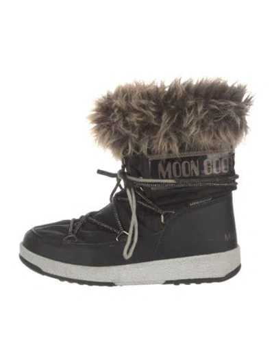 Pre-owned Moon Boot Nylon Faux Fur Trim Lace-up Boots In Black