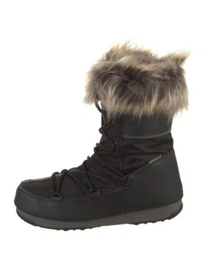 Pre-owned Moon Boot Nylon Faux Fur Trim Lace-up Boots W/ Tags In Black