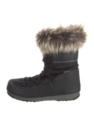 Pre-owned Moon Boot Nylon Faux Fur Trim Snow Boots In Black