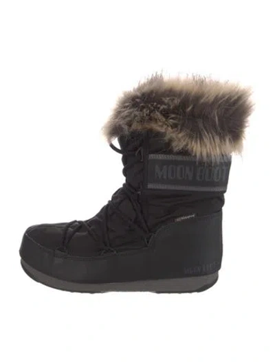 Pre-owned Moon Boot Nylon Faux Fur Trim Snow Boots In Black