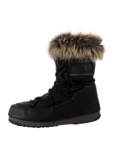 Pre-owned Moon Boot Nylon Faux Fur Trim Snow Boots In Black